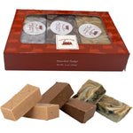 Uncle Butchs Fudge Custom Box front view showcasing three distinct blocks of handcrafted cream fudge under a clear window lid.