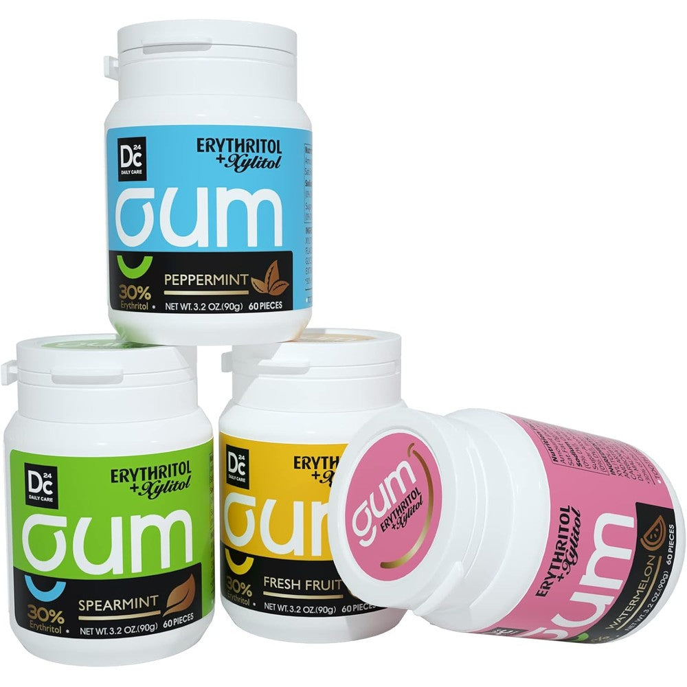DC24 Daily Care Xylitol Chewing Gum assorted flavors variety bulk pack front view showing four bottles