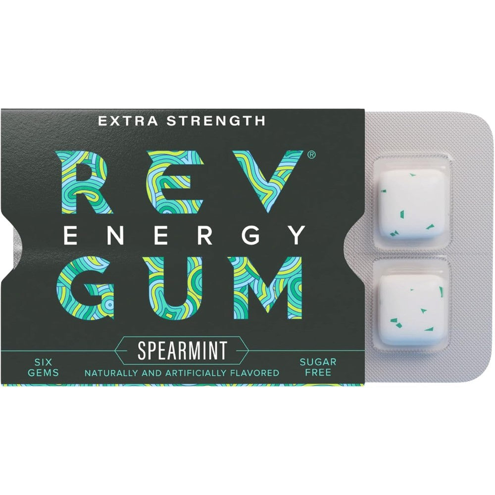 REV Gum Extra Strength Spearmint Caffeine Energy Gum front package view showing twelve packs box