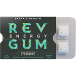 REV Gum Extra Strength Spearmint Caffeine Energy Gum front package view showing twelve packs box
