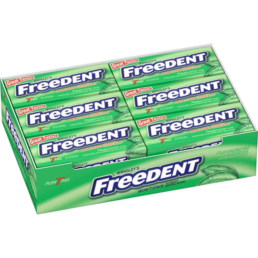 Wrigley's Freedent Peppermint Non-Stick Chewing Gum for Dental Work, Cool Peppermint Flavor, 15 Stick Plen-T-Paks, Pack of 12
