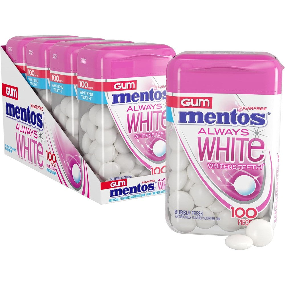 Mentos Always White Bubble Fresh sugar free chewing gum front view bottle pack