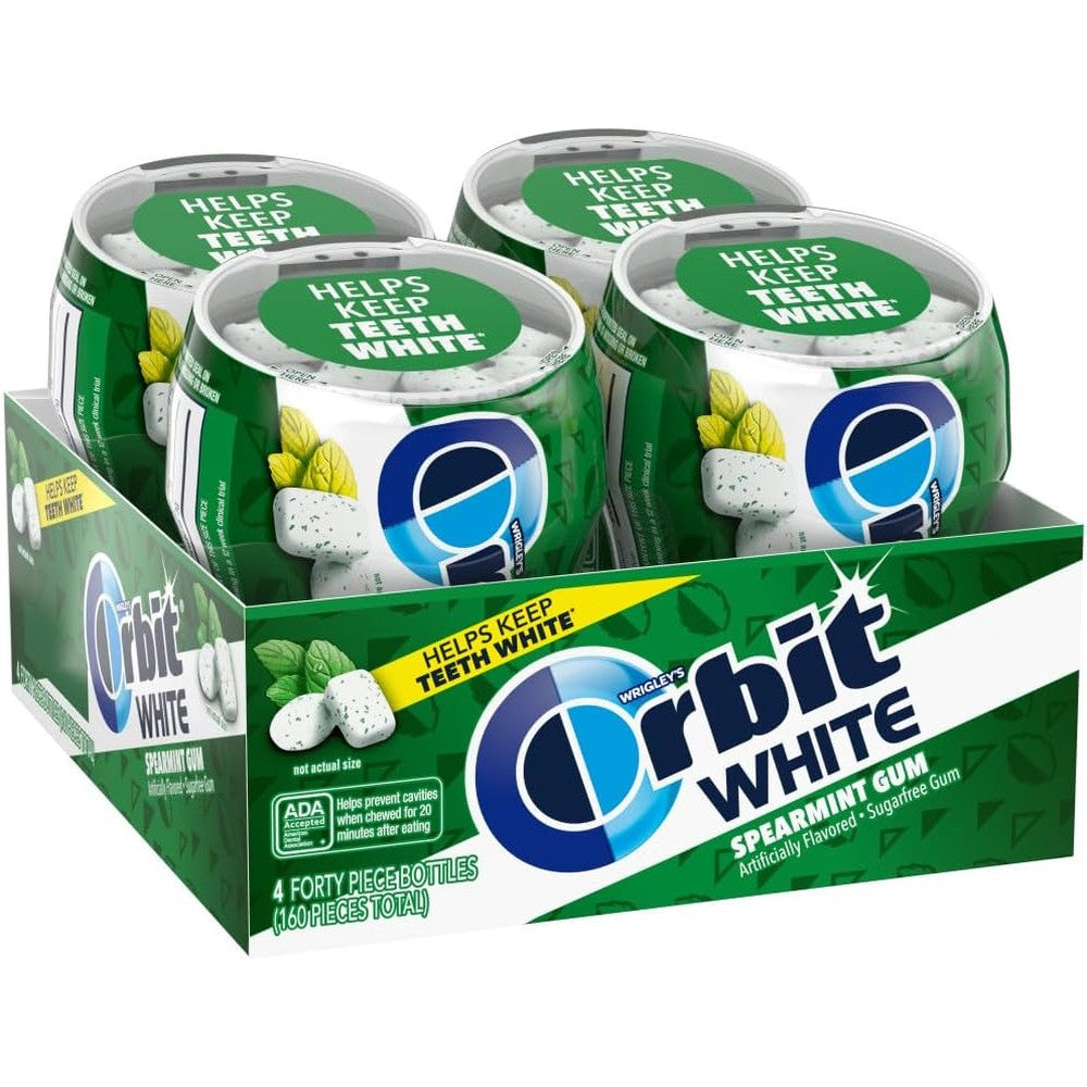 Orbit White Spearmint Sugar Free Chewing Gum For Fresh Breath And Teeth Whitening Forty Piece Resealable Bottle Four Pack