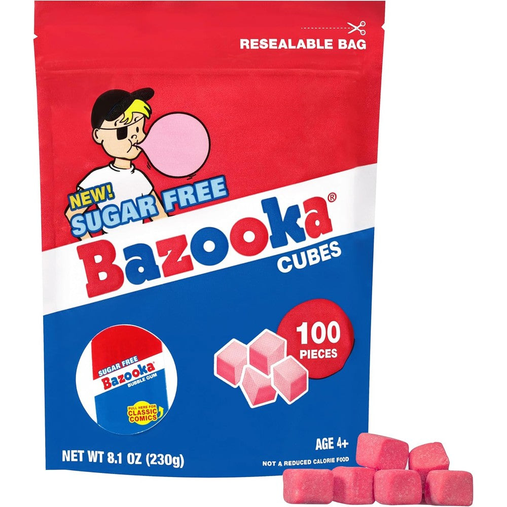 Elite Bazooka sugar free bubble gum cubes front view of resealable pouch