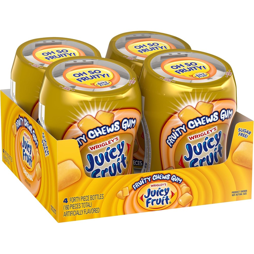 Juicy Fruit Original Fruity Chews Sugar Free Chewing Gum Bottle Bulk Pack 40 Pieces Per Bottle 4 Pack
