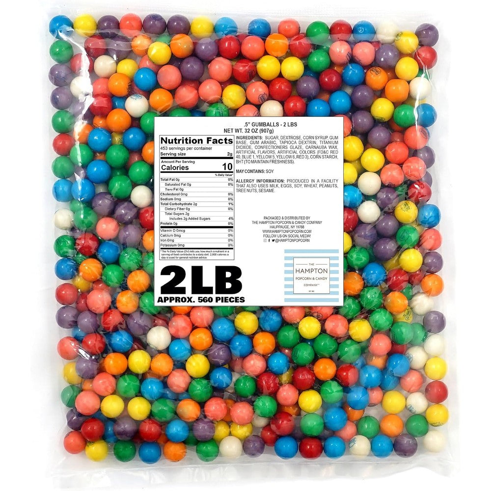 The Hampton Popcorn Company Mini Gumballs front view of two pound bulk bag filled with multi colored bubble gum