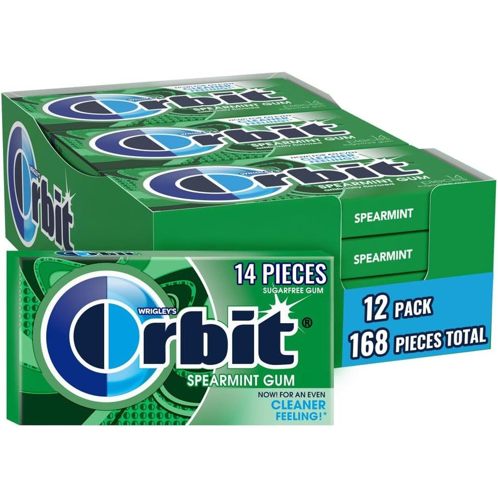 Wrigley's Orbit Spearmint Sugar Free Individually Wrapped Chewing Gum Mint Bulk Box Featuring Twelve Packs Of Fourteen Pieces One Hundred Sixty Eig...
