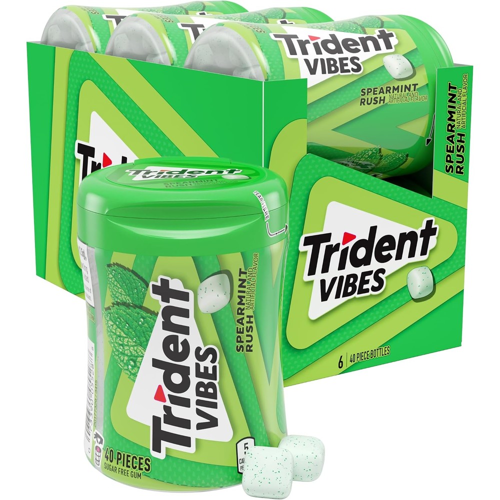 Trident Vibes Spearmint Rush Sugar Free Chewing Gum six bottle pack front view showcasing imported American packaging