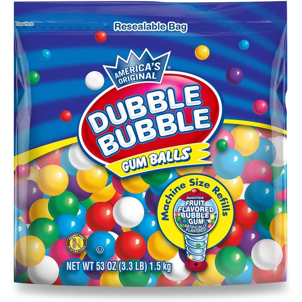 Tootsie Roll Dubble Bubble Gumball Machine Refill front view of the fifty three ounce bulk bag filled with colorful assorted bubblegum balls.