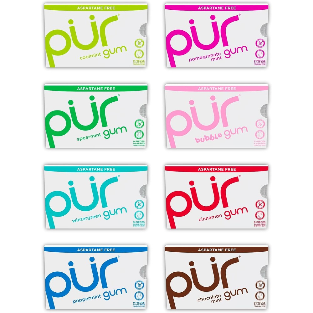 PUR Gum Aspartame Free Chewing Gum Variety Pack front view showing 8 packs of natural sugar free gum