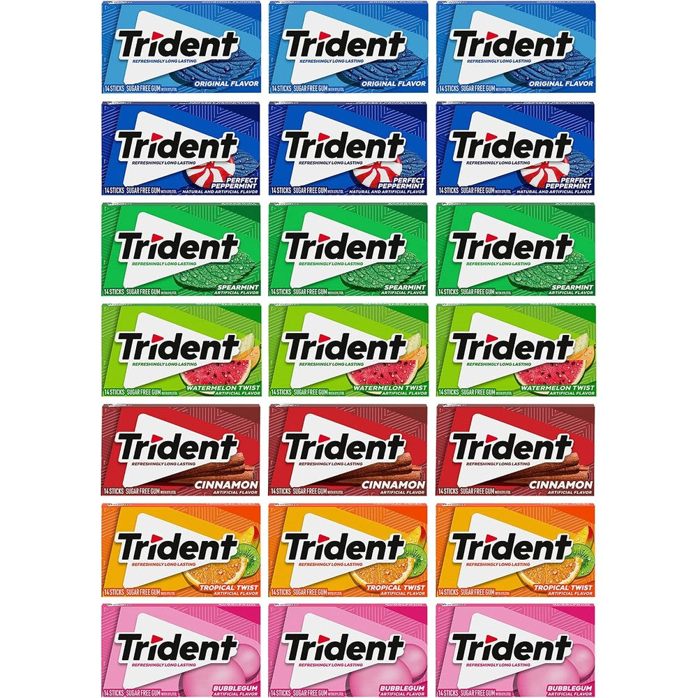 Trident sugar free chewing gum variety pack front view showing assorted flavor options.