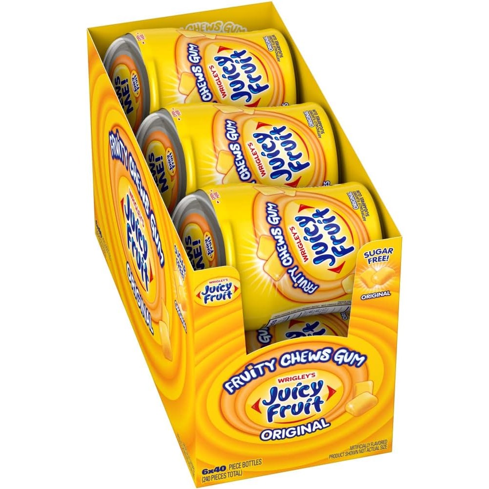 Juicy Fruit Sugar Free Chewing Gum Original Fruity Chews Long Lasting Bubble Gum Forty Pieces Per Resealable Bottle Pack Of Six