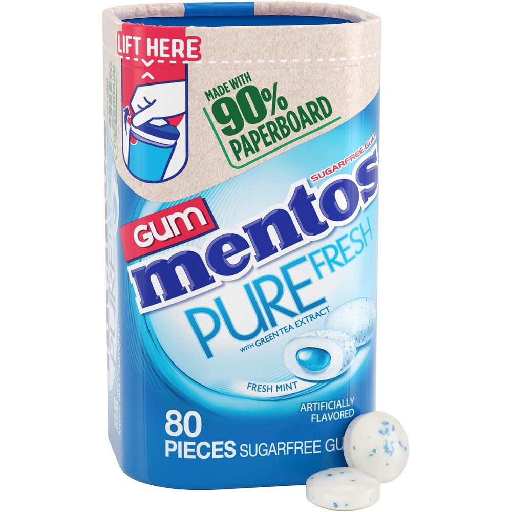 Mentos Pure Fresh Sugar Free Chewing Gum front view of the recyclable bottle.