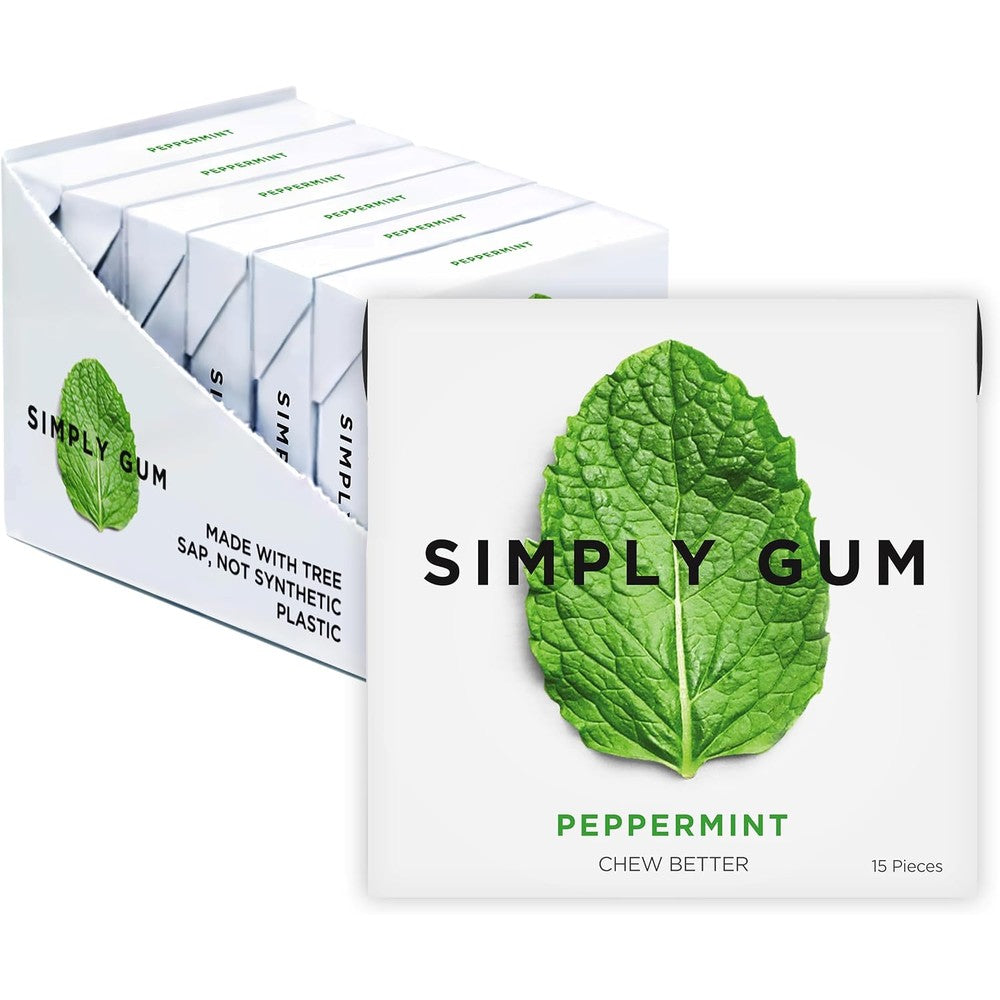 Simply Gum Peppermint Plastic Free Natural Chewing Gum Pack of Six Ninety Pieces Total Vegan Kosher Non GMO Aspartame Free