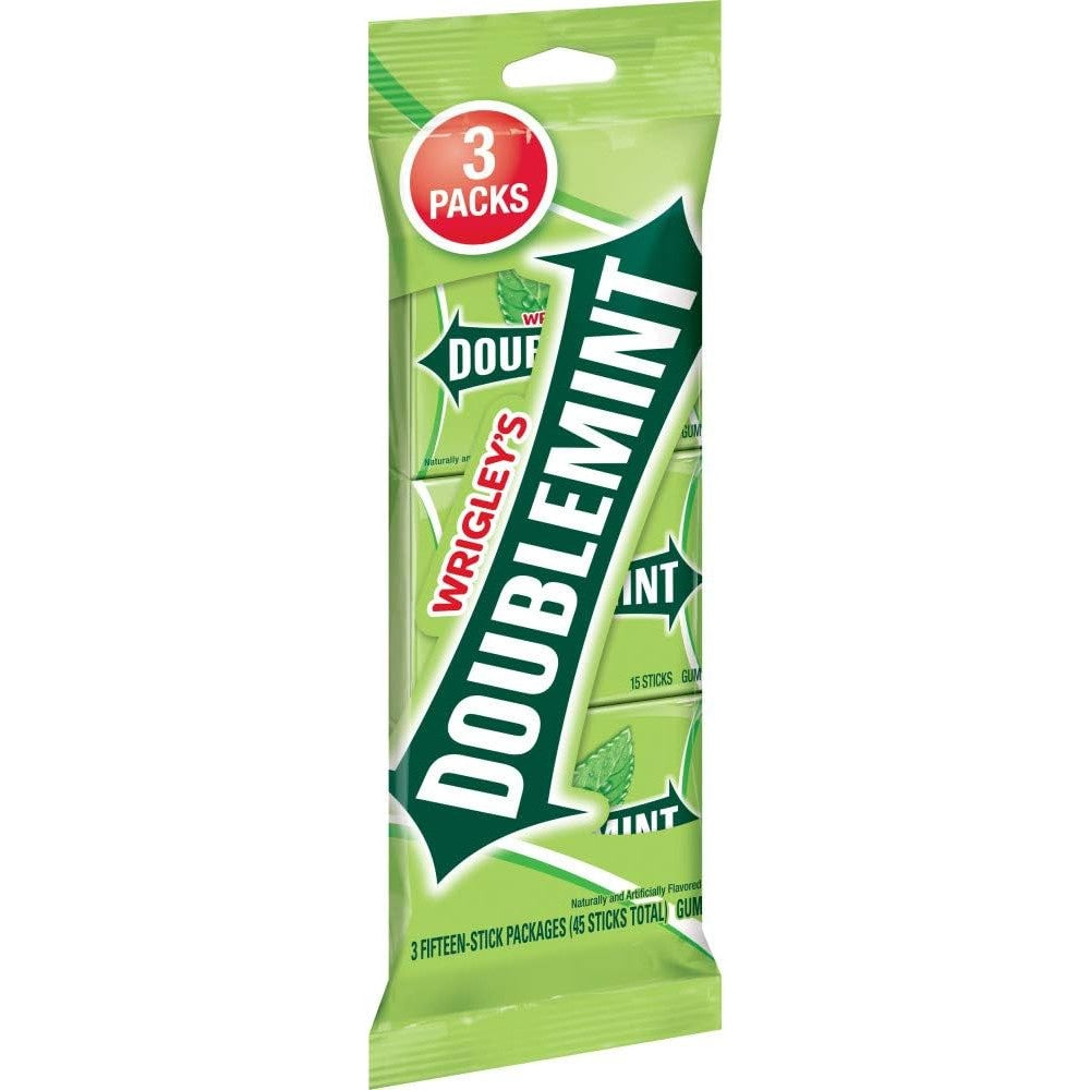 Wrigley's Doublemint Chewing Gum Bulk Pack Individually Wrapped Sweet Mint Sticks Fifteen Stick Count Pack Of Three Total Forty Five Pieces