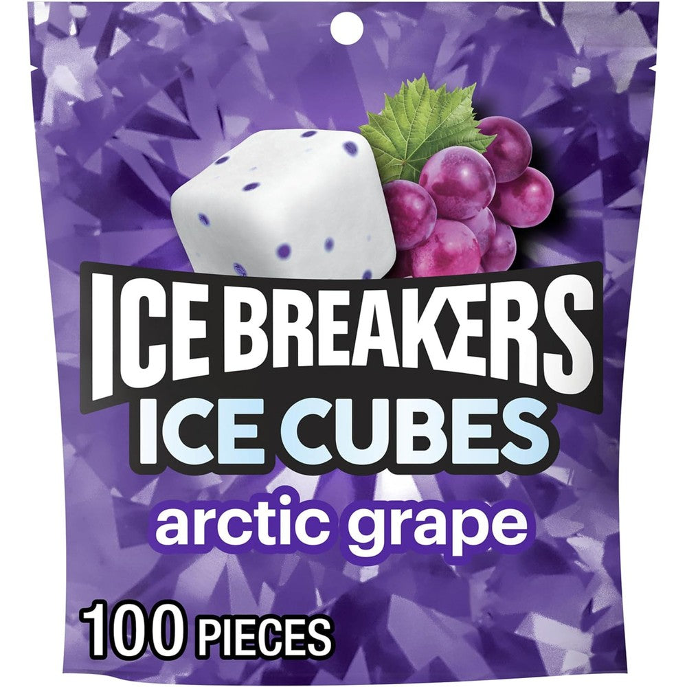 ICE BREAKERS Ice Cubes Arctic Grape Flavored Sugar Free Chewing Gum Resealable Pouch For Long Lasting Fresh Breath 8.11 Ounce 100 Pieces