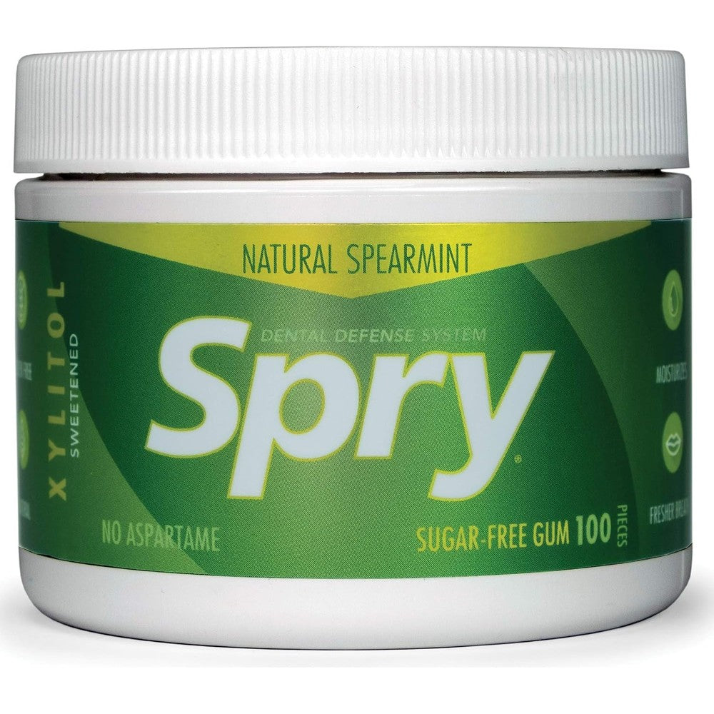 Spry Natural Xylitol Sugar Free Chewing Gum Spearmint Flavor For Bad Breath Cavity Prevention And Dry Mouth Dental Defense System 100 Count Pack Of 1