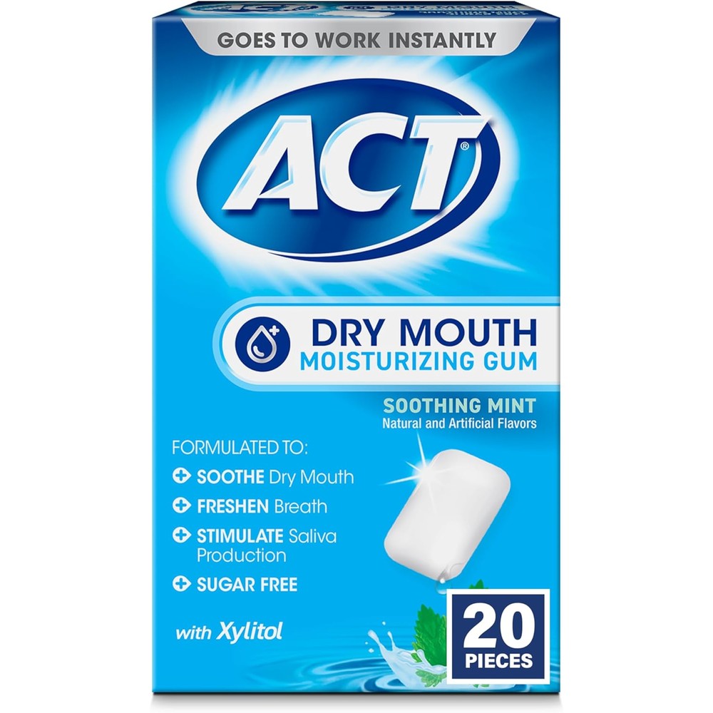 ACT Dry Mouth Moisturizing Gum, 20 Pieces, With Xylitol, Sugar Free Soothing Mint