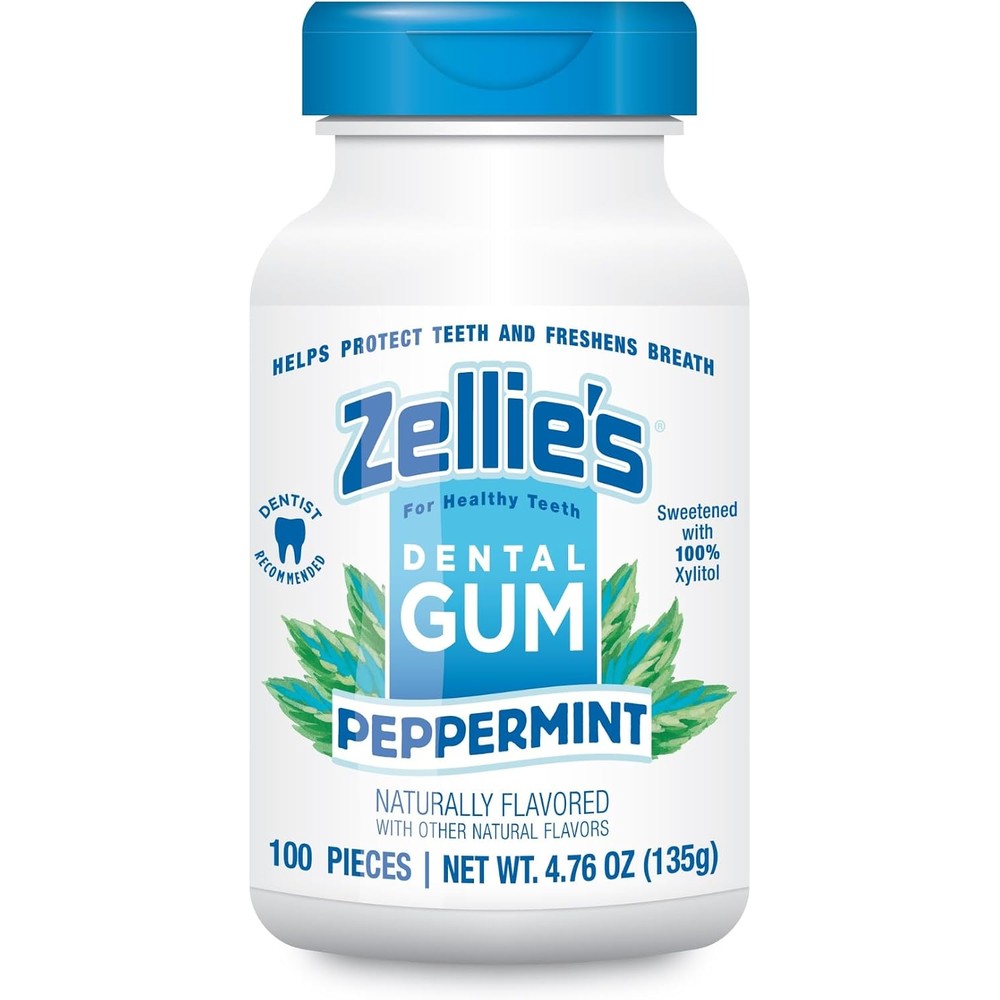 Zellies 100 Percent Xylitol Peppermint Dental Chewing Gum For Oral Health 100 Count Jar