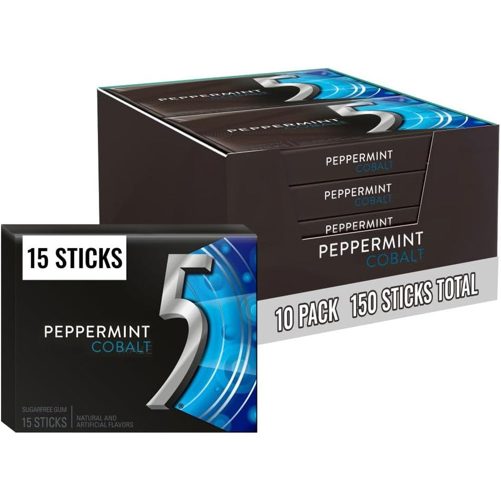 5 GUM Peppermint Cobalt Sugar Free Chewing Gum Bulk Pack Long Lasting Refreshing Mint Flavor Fifteen Sticks Per Pack Count Of Ten Packs