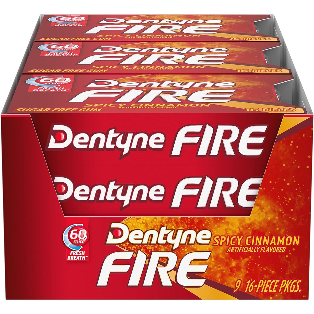 Dentyne Fire Spicy Cinnamon Sugar Free Chewing Gum Pack of 9 Packs 16 Pieces Per Pack 144 Total Pieces Imported USA Breath Freshener