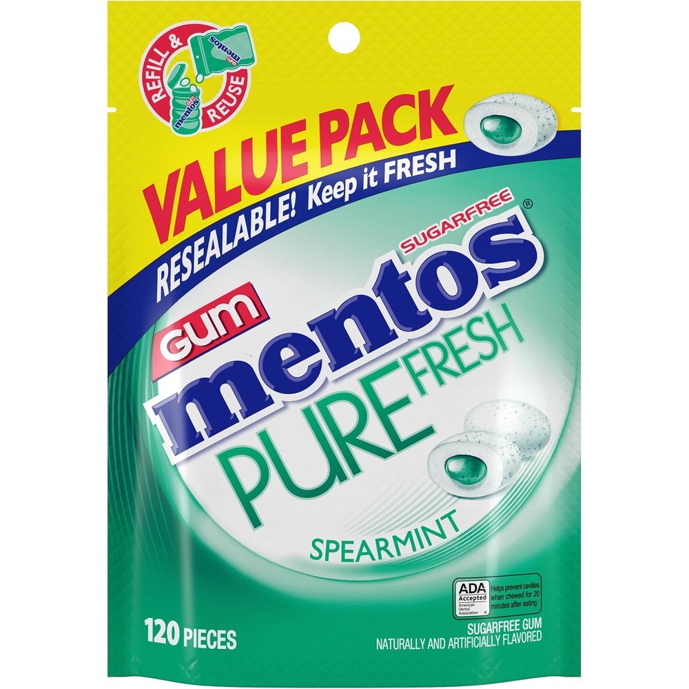Mentos Pure Fresh Sugar Free Chewing Gum With Xylitol Spearmint Flavor One Hundred Twenty Count Bulk Resealable Bag Pack Of One