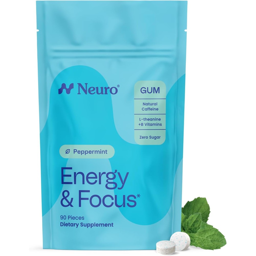 Neuro Energy and Focus Peppermint Gum 90 pieces front packaging view for clean energy boost.