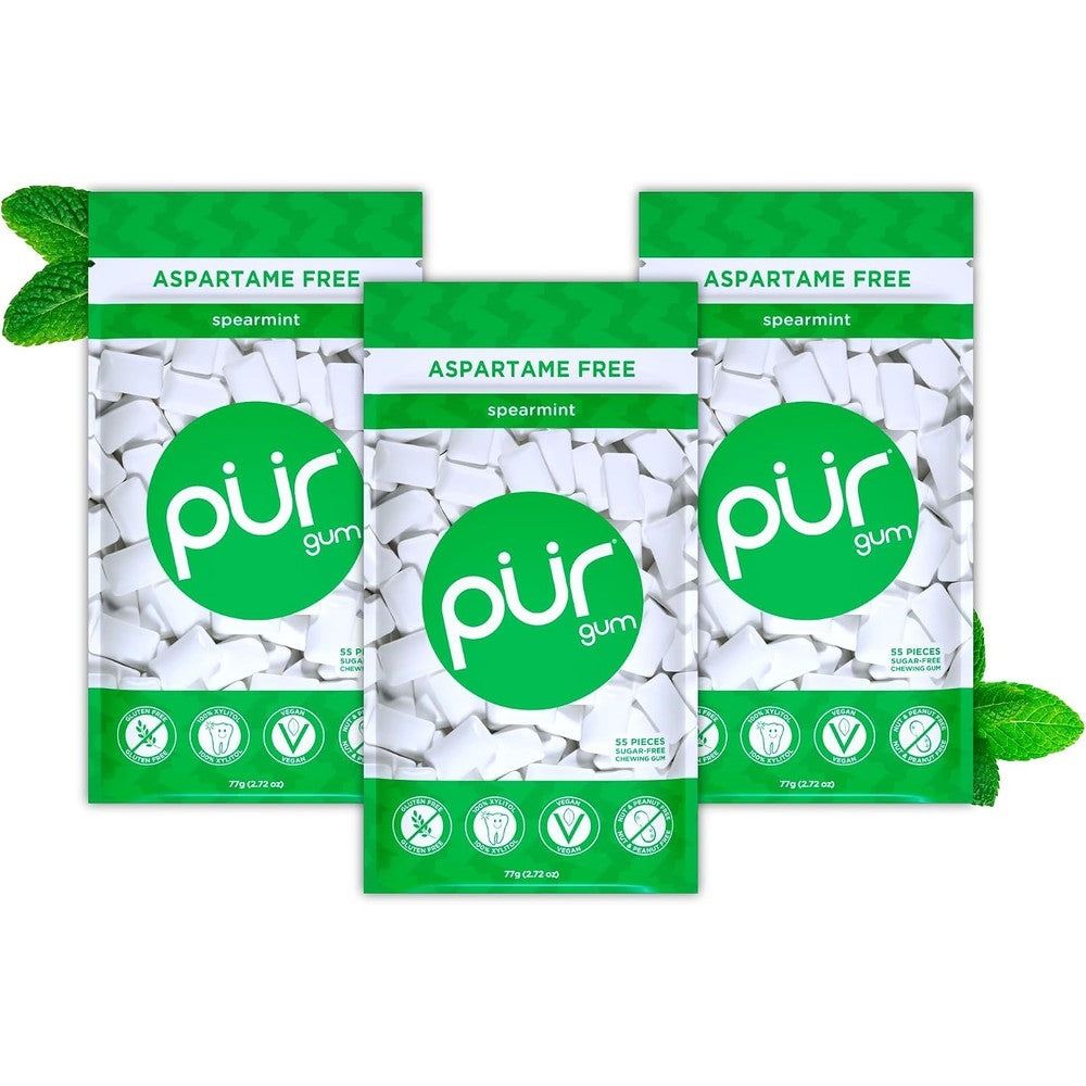 PUR Gum Aspartame Free Sugar Free Chewing Gum 100 Percent Xylitol Sweetened Natural Spearmint Flavored Gum 55 Pieces Pack Of 3