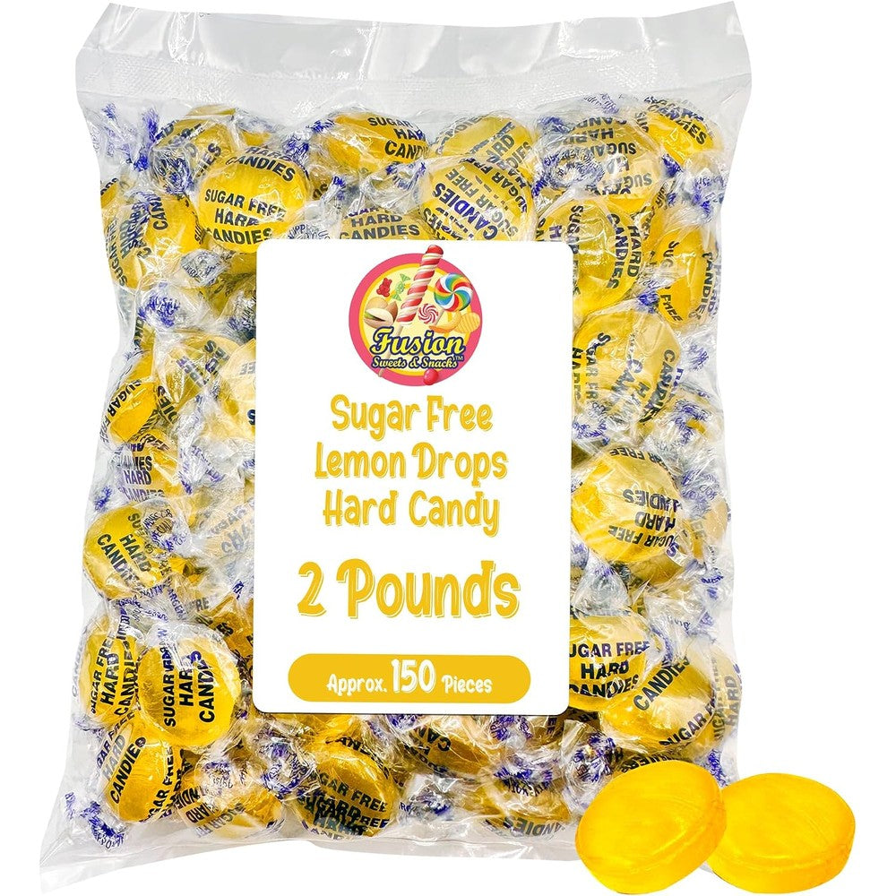 Fusion Sweets And Snacks Arcor Sugar Free Lemon Drops front view of 2 pound bulk bag packaging.