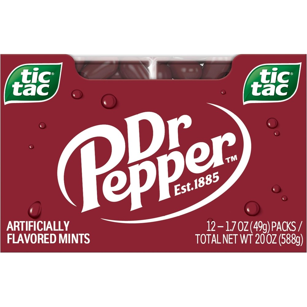 Tic Tac Dr Pepper limited edition 12 pack front view showcasing iconic American soda branding