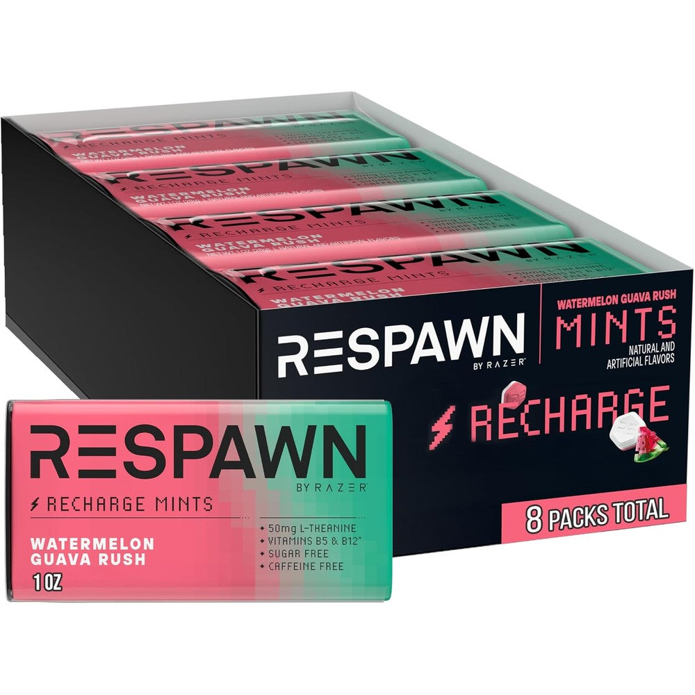RESPAWN by Razer Sugar Free Mints Watermelon Guava front view pack showing the gaming focus candy box packaging.