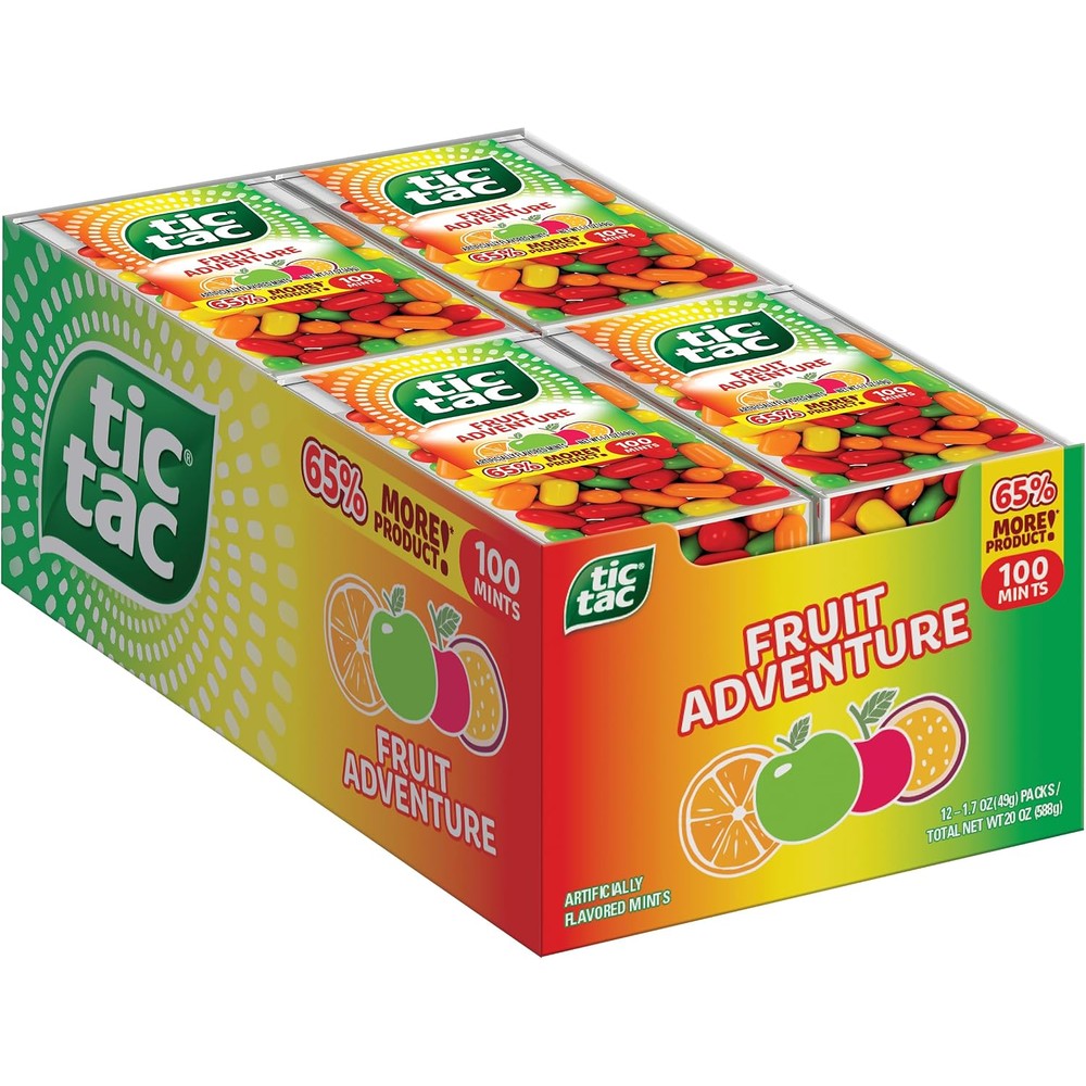 Tic Tac Fruit Adventure Mints front view of bulk twelve pack package