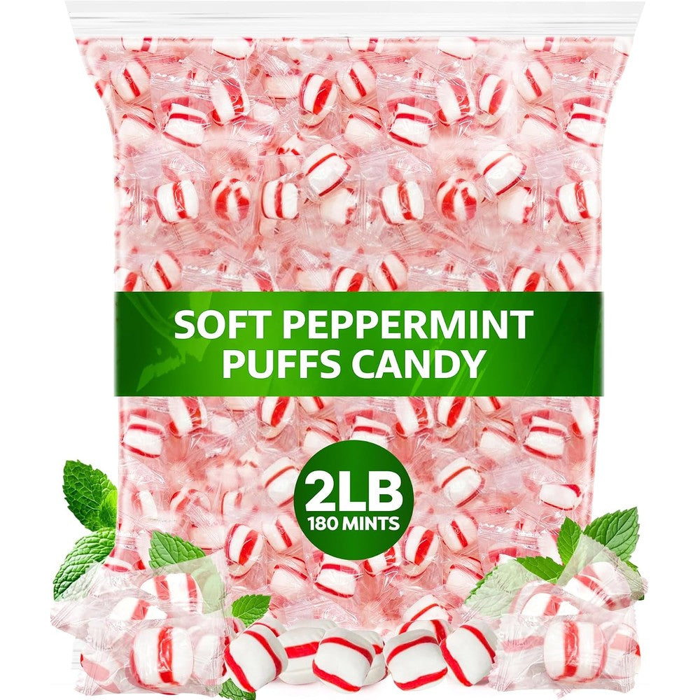 One Candy Way Soft Peppermint Puffs front view of the two pound bag filled with red and white wrapped mints.
