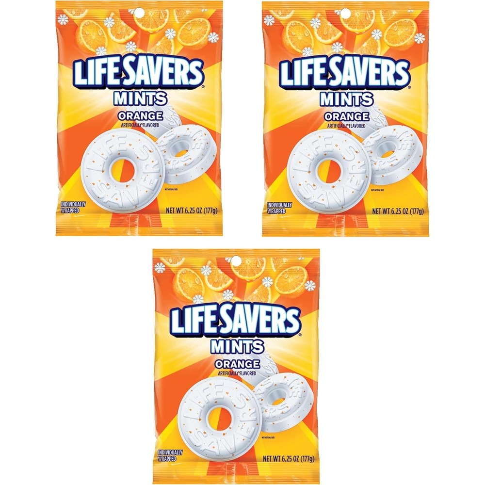 Life Savers Orange Mints Three Pack front view showing authentic imported packaging.