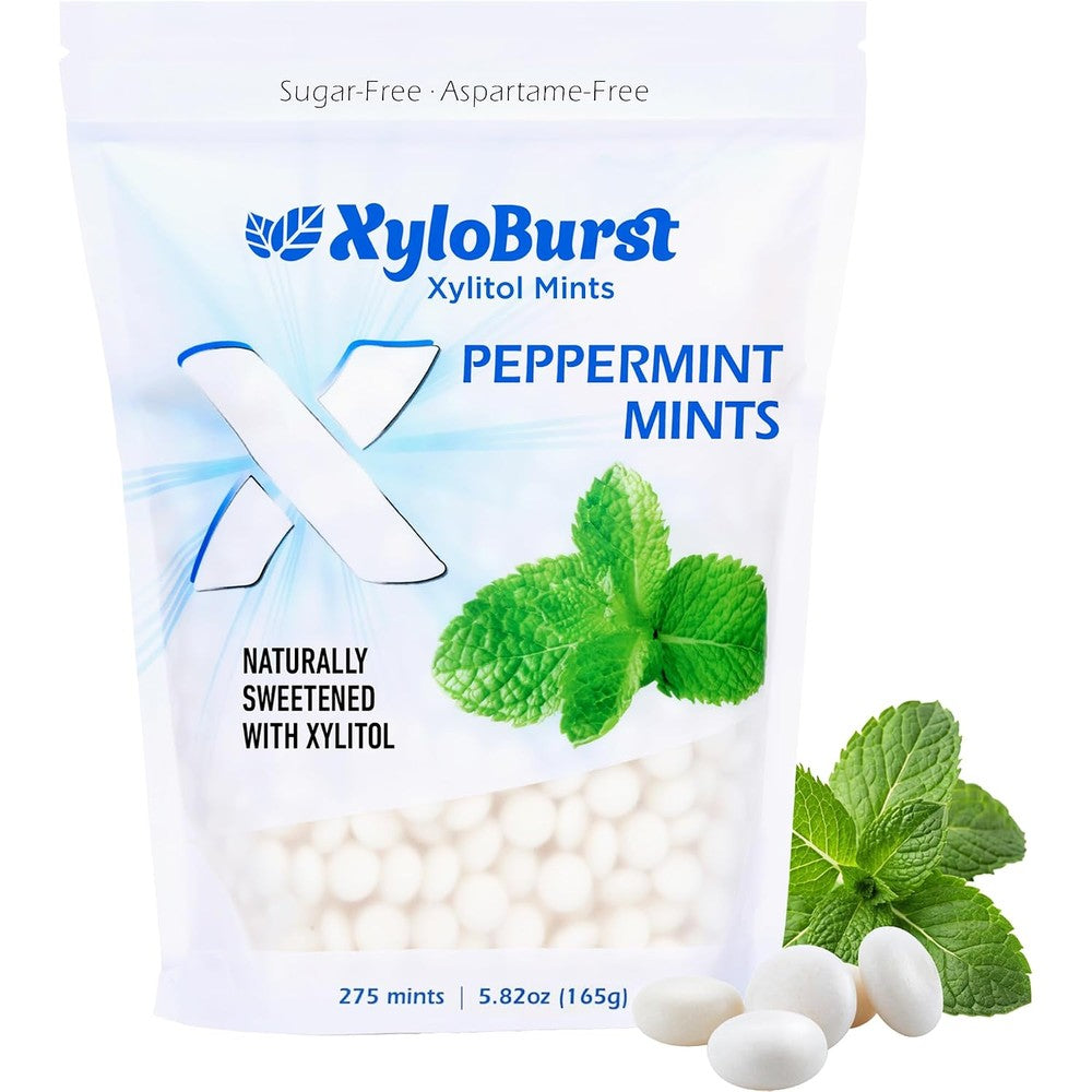 Xyloburst Xylitol Mints Peppermint 275 count bag front view for sugar free breath freshening