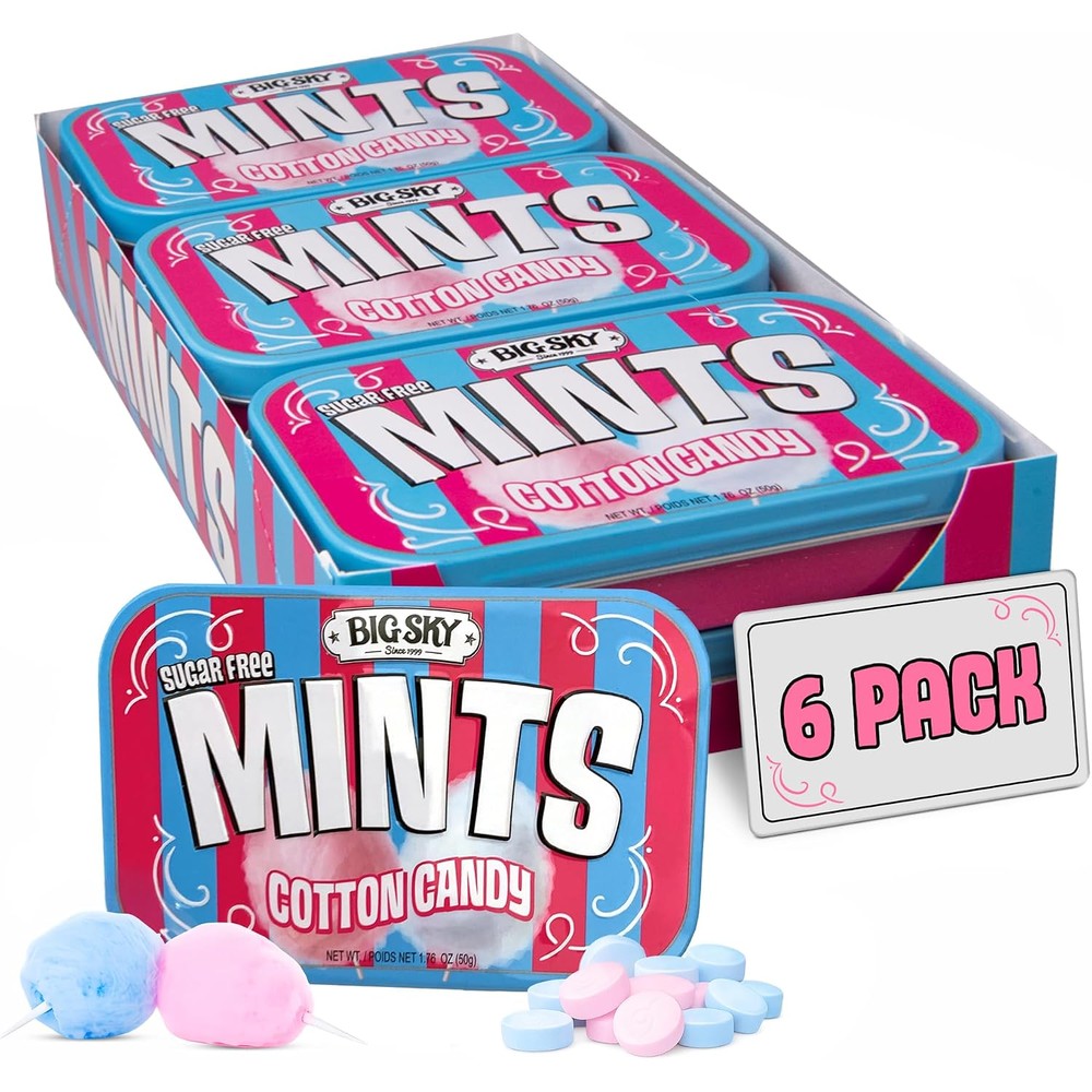Big Sky Sugar Free Cotton Candy Mints Nostalgic Flavored Sugarless Breath Mints Vegan And Gluten Free Fifty Count Tin Pack Of Six
