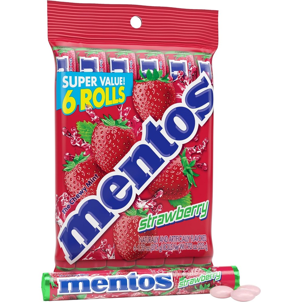 Mentos Strawberry Chewy Mint Candy Roll six pack party bundle front view