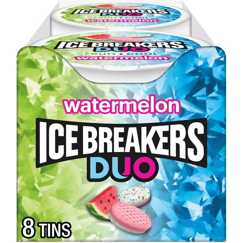 Ice Breakers Duo Fruit Plus Cool Watermelon Sugar Free Mints Multipack Eight Number 1.3 Ounce Tins