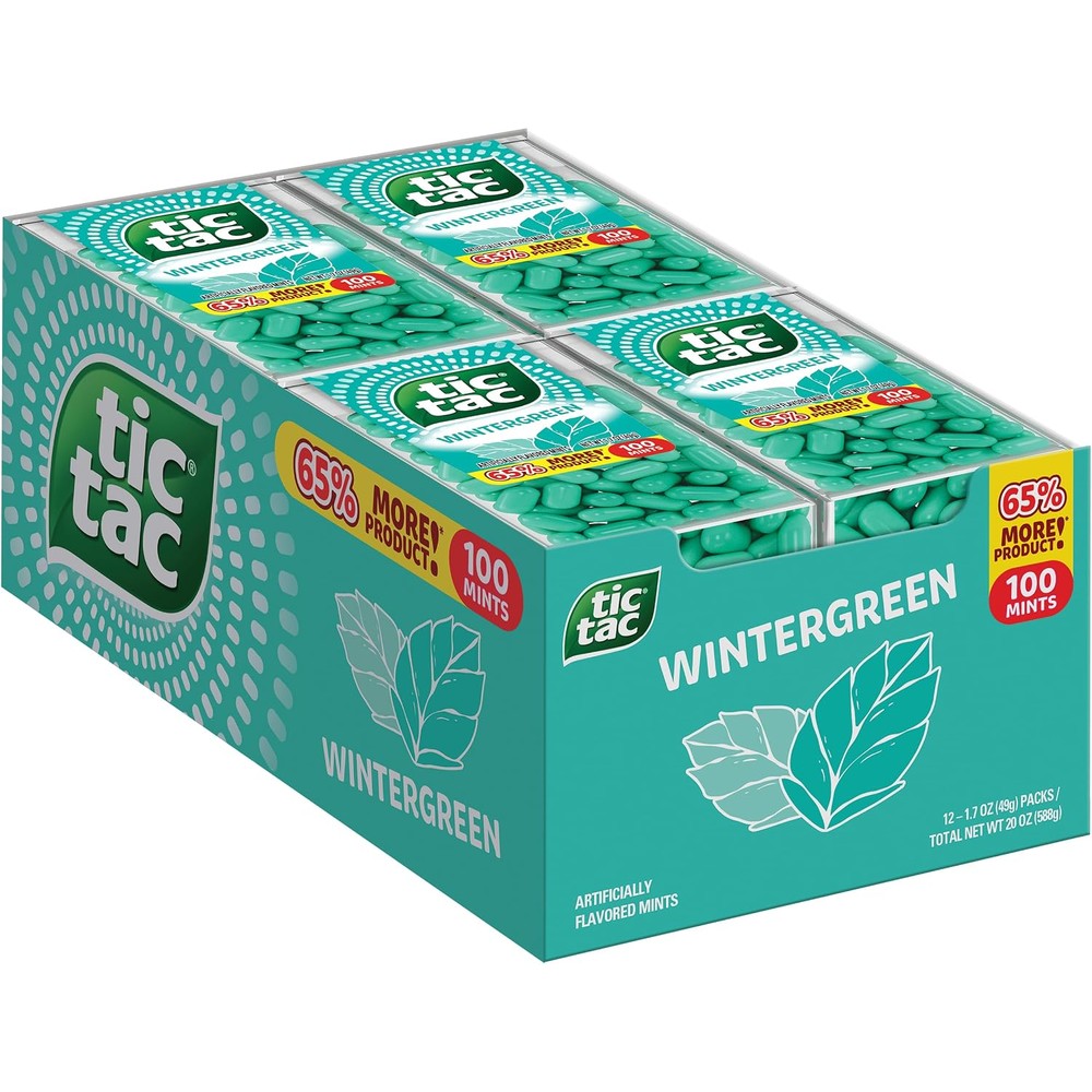 Tic Tac Wintergreen Bulk Twelve Pack front view displaying the classic green mint packaging