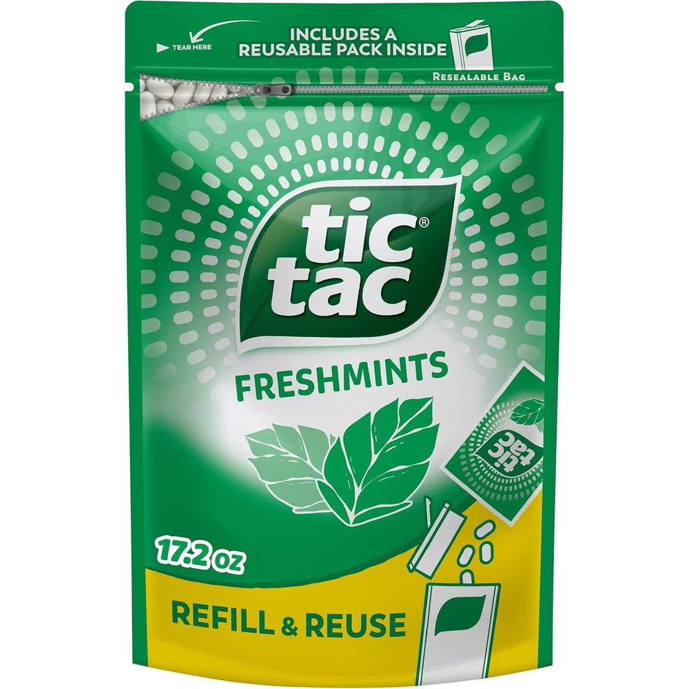 Tic Tac Bulk Freshmints Refill Bag front view showing green packaging and reusable pocket container.