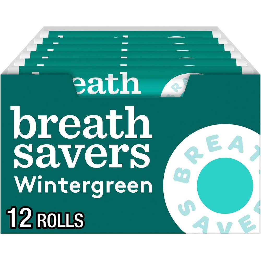 Breath Savers Wintergreen sugar free breath mints rolls front packaging view.