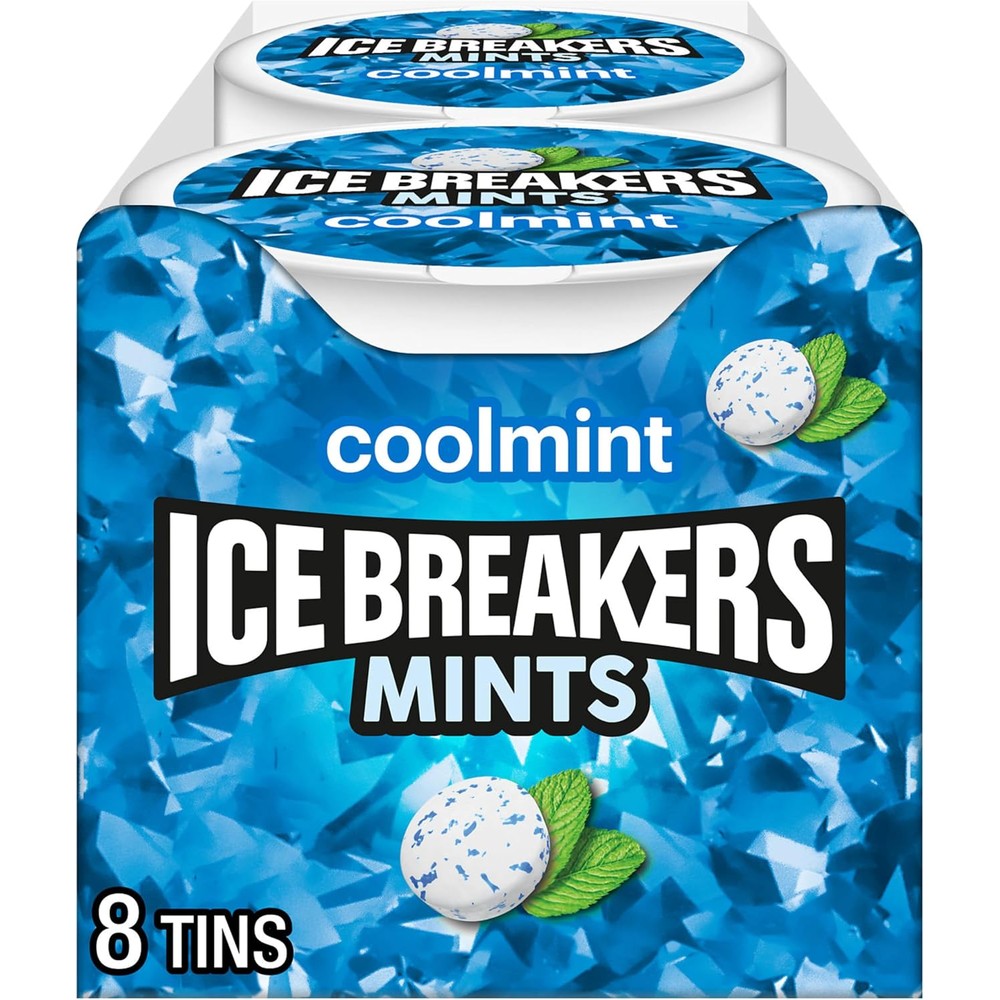 Ice Breakers Coolmint Sugar Free Breath Mints With Cooling Crystals Eight Pack Box Forty Two Grams Each Tin