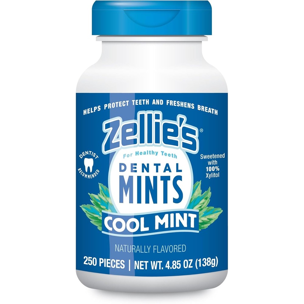 Zellies 100 Percent Xylitol Cool Mint Breath Mints Sugar Free Dental Care Pastilles For Oral Health And Fresh Breath 250 Count Jar