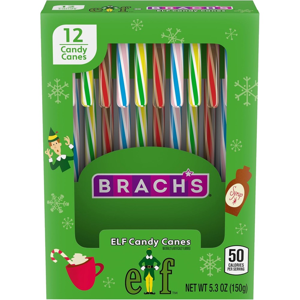 Brach's Elf Holiday Candy Canes Assorted Movie Flavors Peppermint Hot Cocoa Maple Syrup And Cotton Candy Twelve Count Five Point Three Ounce
