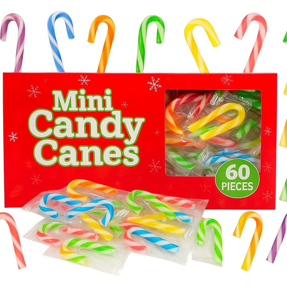 Thrive Brands Mini Candy Canes front view of multicolored fruit flavored holiday treats packaging.