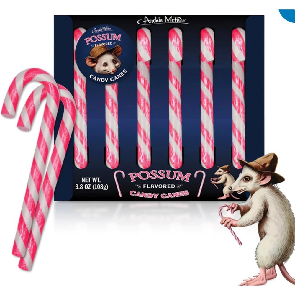 Archie McPhee Accoutrements Possum Flavored Pink And Gray Striped Candy Canes Novelty Holiday Gift Box Six Count Three Point Eight Ounces