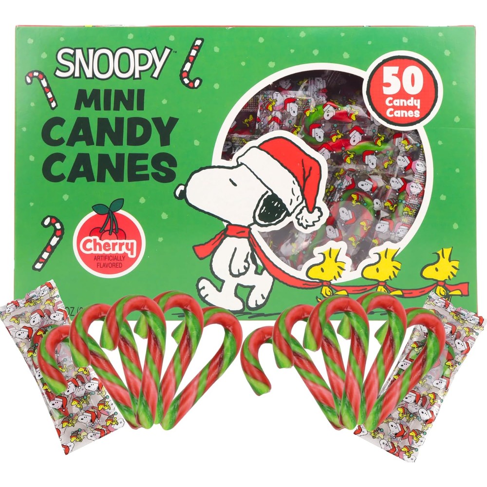 Thrive Brands Peanuts Snoopy Mini Candy Canes Cherry Flavored Individually Wrapped Christmas Holiday Decoration Candies Fifty Count Box