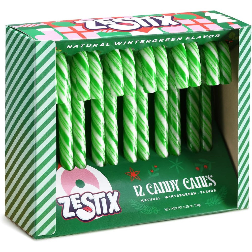 Zestix Christmas Candy Canes Classic Green And White Wintergreen Flavor Individually Wrapped Holiday Treats For Stocking Stuffers 12 Count