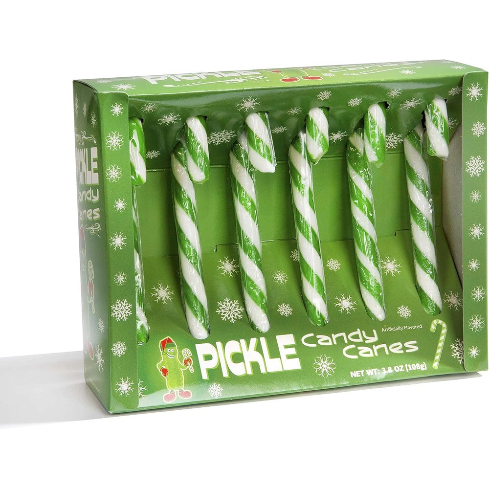 Accoutrements Fancy Pickle Flavored Christmas Candy Canes Green And White Striped Holiday Treats Six Count Three Point Eight Ounce Box