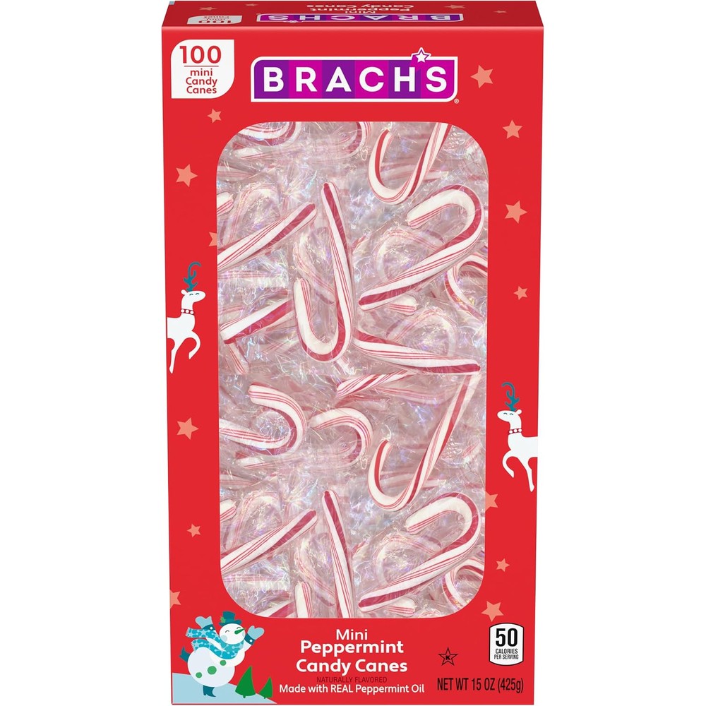 Brach's Mini Peppermint Holiday Candy Canes Individually Wrapped Classic Christmas Sweet Treats and Stocking Stuffers 100 Count Box 15 Ounce
